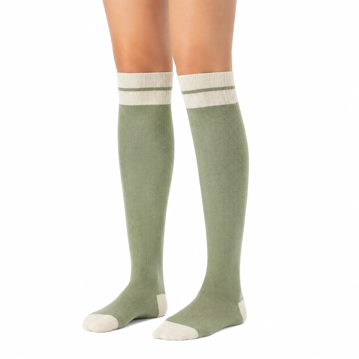 Kniestrümpfe 35-38 aus Textil Grün Creme mit Rippbund