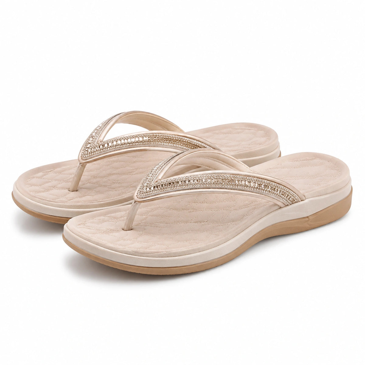 Zehentrenner Damen Größe 42/43 Beige Kunstleder mit Schmucksteinen Komfortsohle