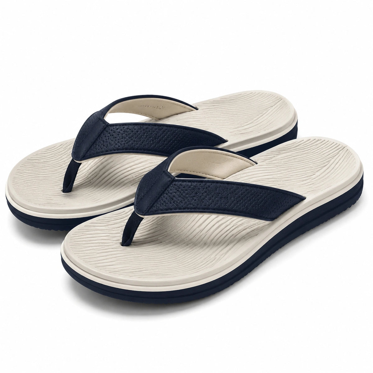 Zehentrenner 38/39 aus Synthetik in Creme/Navy mit strukturiertem Fußbett